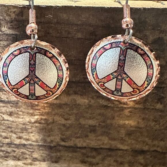 Handmade Boho Copper Earrings, Diamond Cut Hippie Peace Wire Drop Earrings, Gif - Picture 3 of 6